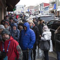 People wait in line for a chance to attend an interview between Supreme Court Justice Ruth Bader Ginsburg and NPR's Nina Totenberg at the Filmmaker Lodge in Park City on Sunday, Jan. 21, 2018, at the Sundance Film Festival.