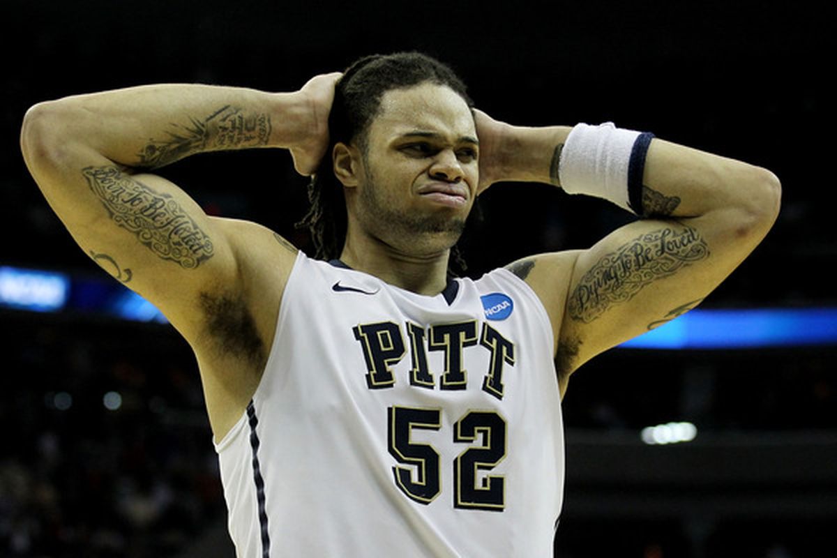 Gary McGhee (52) of the Pittsburgh Panthers reacts to their loss to the Butler Bulldogs during the third round of the 2011 NCAA men's basketball tournament at Verizon Center on March 19, 2011 in Washington, DC.  (Photo by Nick Laham/Getty Images)