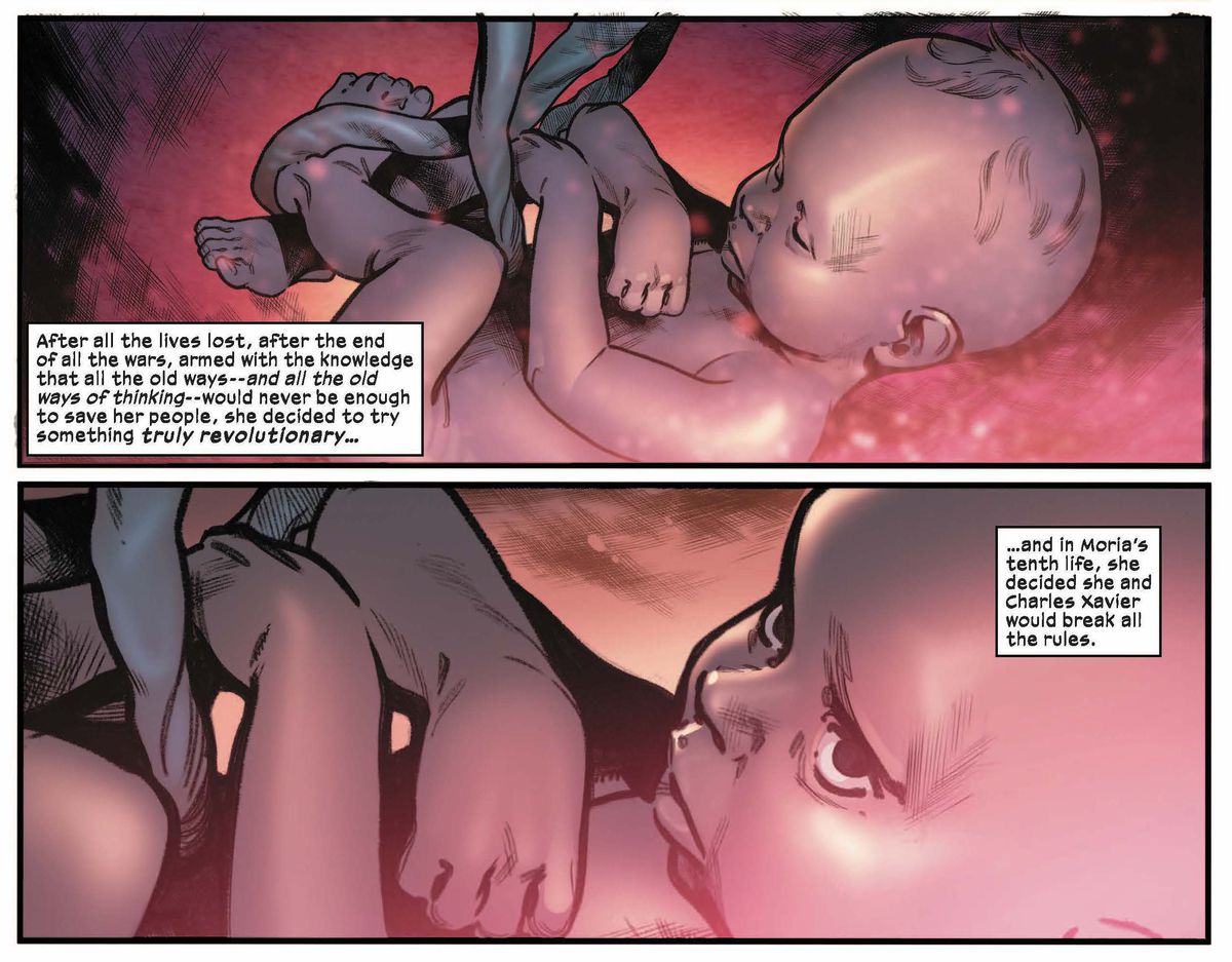 Moira MacTaggert, in the womb, with nine past lives behind her, in House of X #2, Marvel Comics (2019).