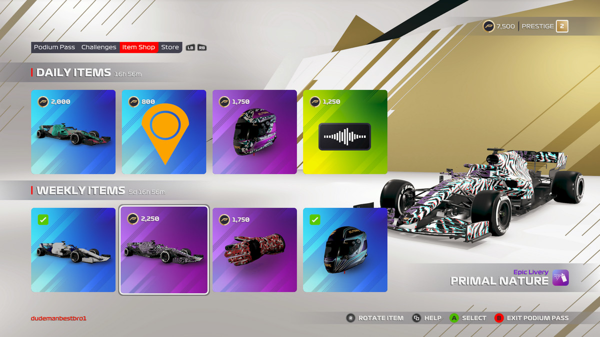 Screen showing eight cosmetics available in F1 2021’s Daily Item Store