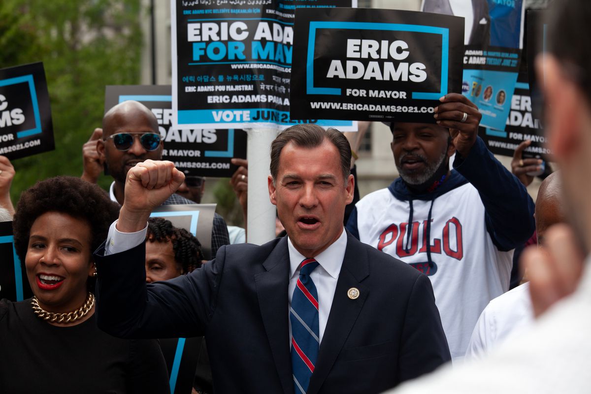 Congressional Rep. Tom Suozzi (D-Queens and Long Island) speaks in support of Brooklyn Borough President Eric Adams at a campaign rally in Cadman Plaza on Wednesday, June 2, 2021.