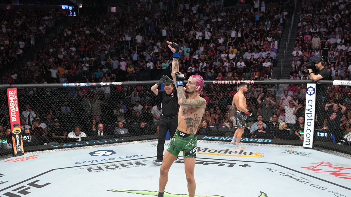 Sean O’Malley celebrates his no contest against Pedro Munhoz at UFC 276.