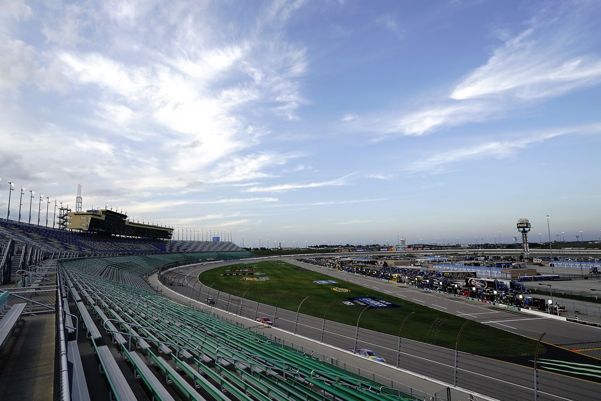A general view of empty stands during the NASCAR Cup Series Super Start Batteries 400 Presented by O’Reilly Auto Parts at Kansas Speedway on July 23, 2020 in Kansas City, Kansas.