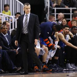 Oklahoma City Thunder head coach Billy Donovan eyes the game as the Jazz and the Thunder play at Vivint Smart Home arena in Salt Lake City on Wednesday, Dec. 14, 2016.