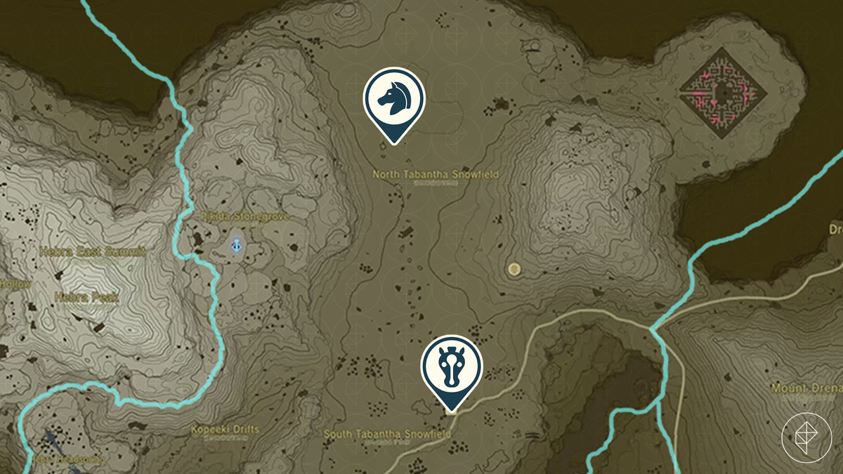 The Legend of Zelda: Tears of the Kingdom&nbsp;map showing the location of Snowfield Stable and where Zelda’s golden horse can be found.