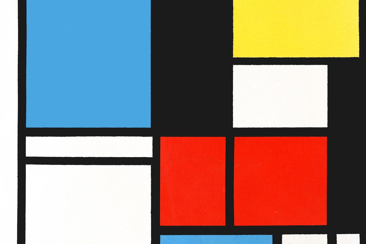 Composition in blue, red and yellow.