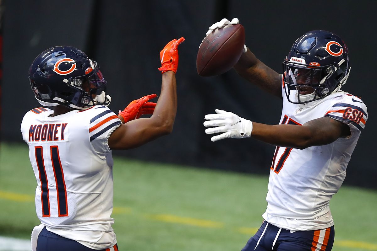 Anthony Miller celebrates his touchdown with Darnell Mooney of the Chicago Bears in the fourth quarter of an NFL game against the Atlanta Falcons at Mercedes-Benz Stadium on September 27, 2020 in Atlanta, Georgia.