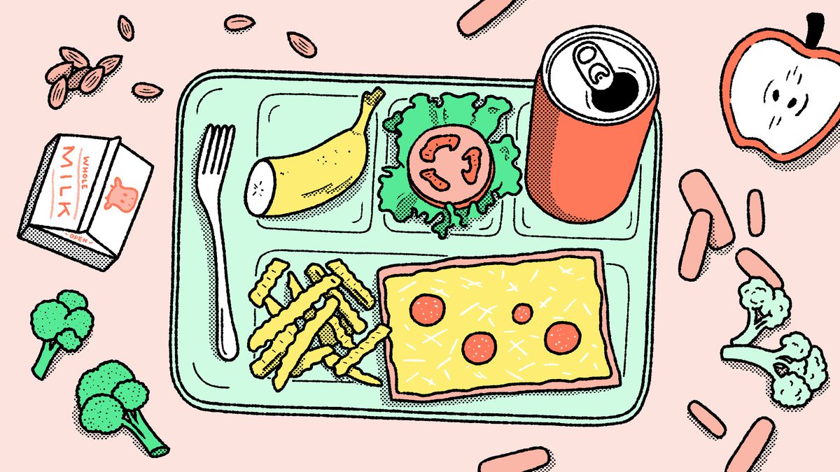 An illustration of a school lunch tray with soda, fries, pizza, and half a banana.