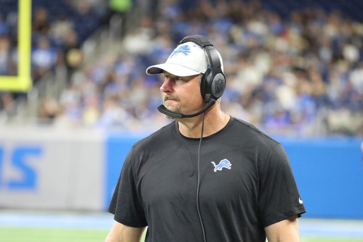 Lions coach Dan Campbell on the sidelines during the second half of the Lions’ 27-23 preseason loss to the Falcons.