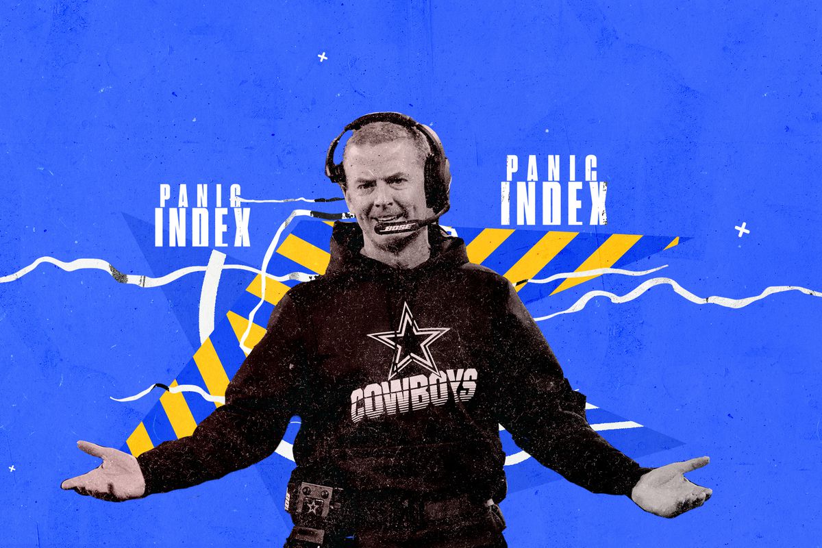Cowboys coach Jason Garrett holds his arms out in disbelief, superimposed on a blue and yellow background and the words “PANIC INDEX” in white