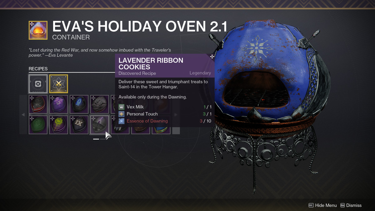 A cursor hovers over the Lavender Ribbon Cookies recipe in Destiny 2’s The Dawning event