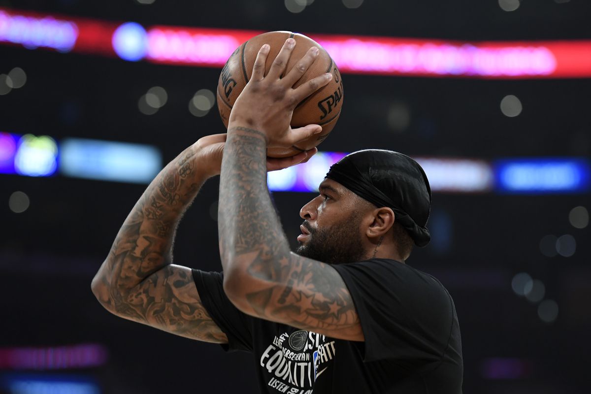DeMarcus Cousins of the Los Angeles Lakers shoots the ball during work out prior to the start of a basketball game against the Memphis Grizzlies at Staples Center on February 21, 2020 in Los Angeles, California.