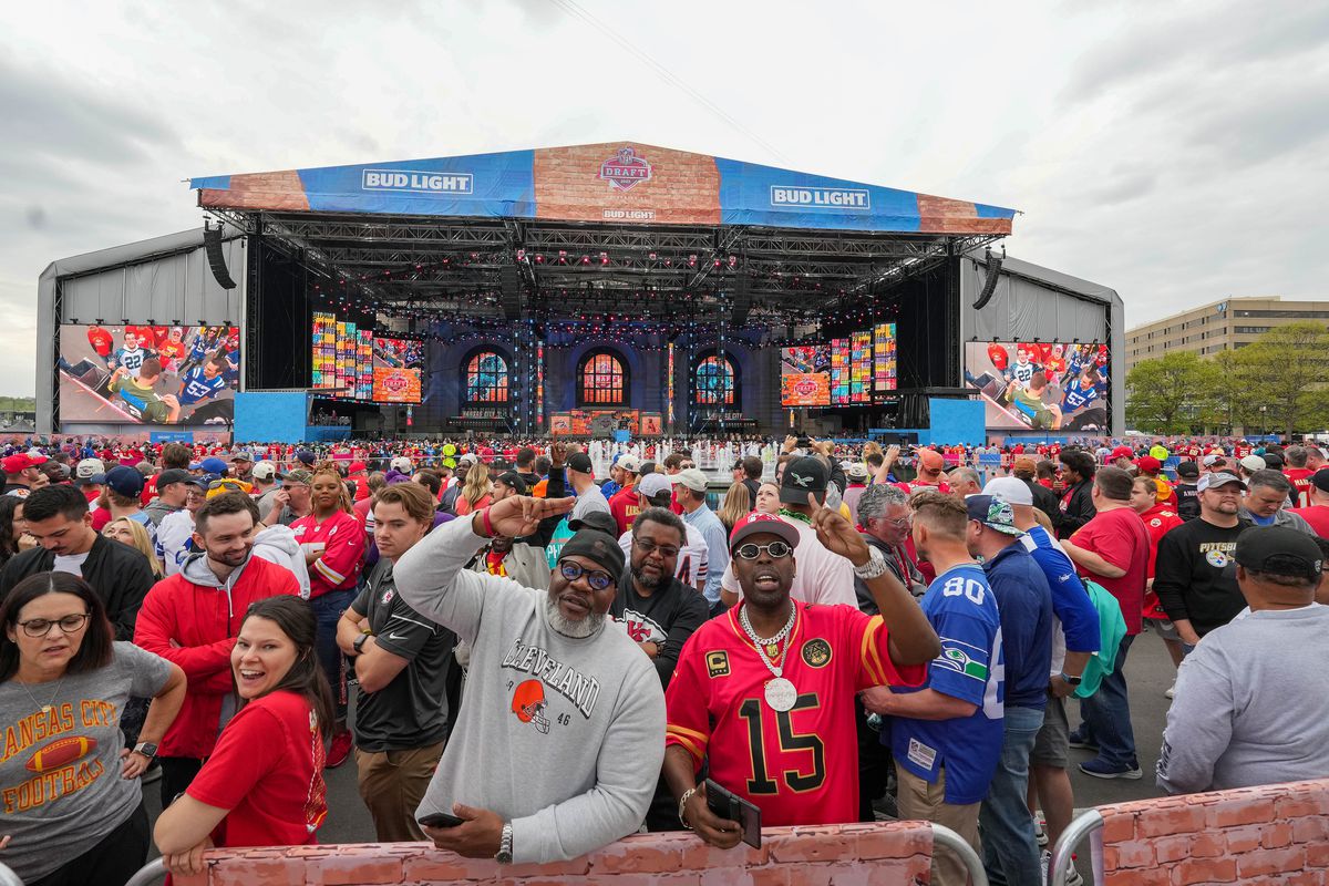 A general view of the draft stage before the first round of the 2023 NFL Draft at Union Station.
