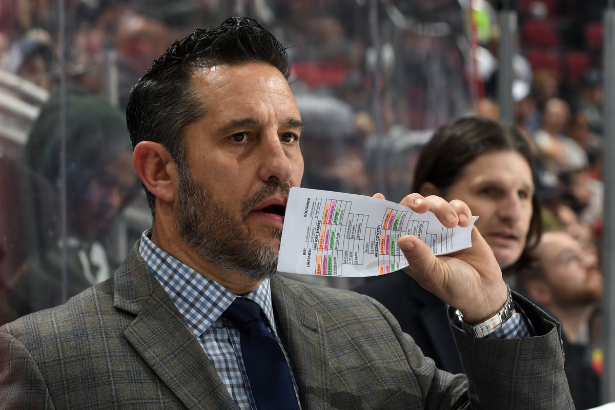 GLENDALE, ARIZONA - JANUARY 14: Interim head coach Bob Boughner of the San Jose Sharks looks on from the bench during the second period of the NHL hockey game against the Arizona Coyotes at Gila River Arena on January 14, 2020 in Glendale, Arizona.