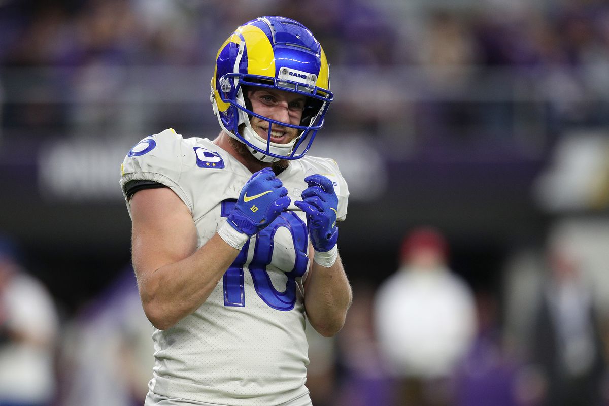 Cooper Kupp #10 of the Los Angeles Rams reacts after fielding a punt in the third quarter against the Minnesota Vikings at U.S. Bank Stadium on December 26, 2021 in Minneapolis, Minnesota.