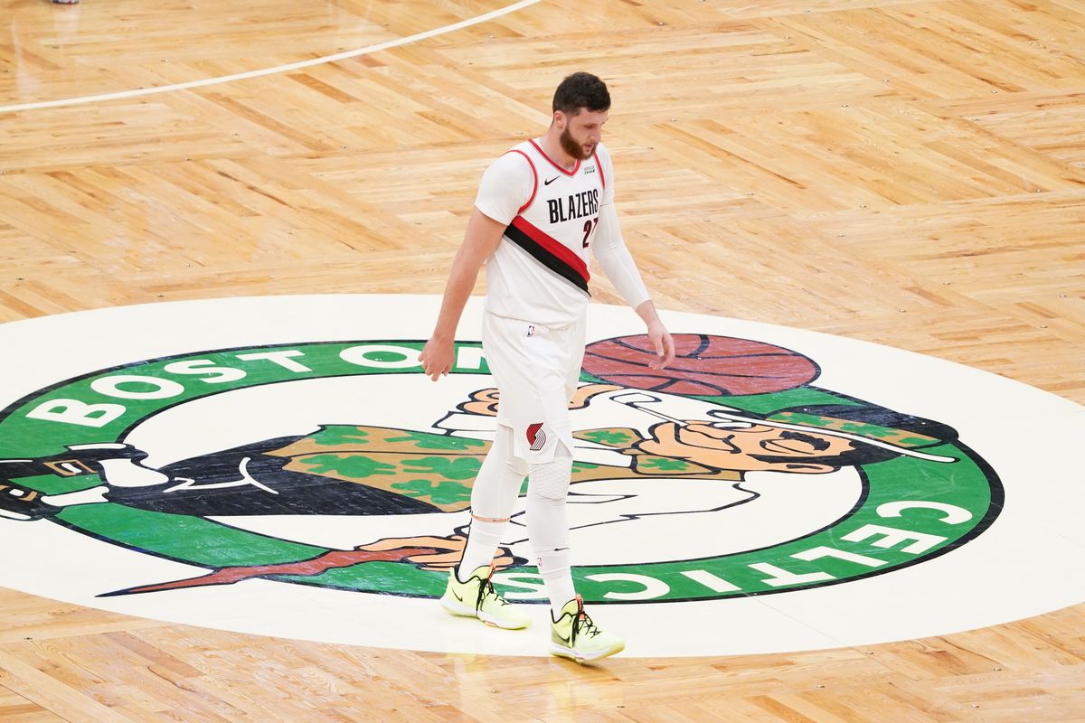 Portland Trail Blazers center Jusuf Nurkic returns up court as they take on the Boston Celtics in the second quarter at TD Garden.&nbsp;