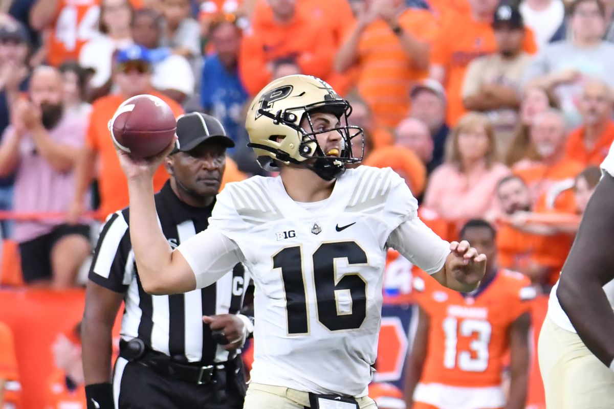 Purdue Boilermakers quarterback Aidan O’Connell throws a pass against the Syracuse Orange in the third quarter at JMA Wireless Dome.