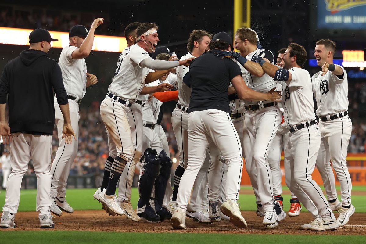 Parker Meadows of the Detroit Tigers celebrates his walk off three run home run to beat the the Houston Astros 4-1 at Comerica Park on August 25, 2023 in Detroit, Michigan.