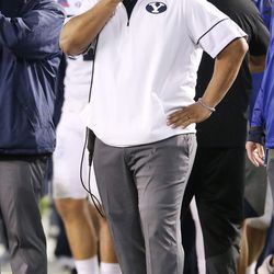 Brigham Young Cougars head coach Kalani Sitake watches the game during the Poinsettia Bowl in San Diego on Wednesday, Dec. 21, 2016. BYU won 24-21.