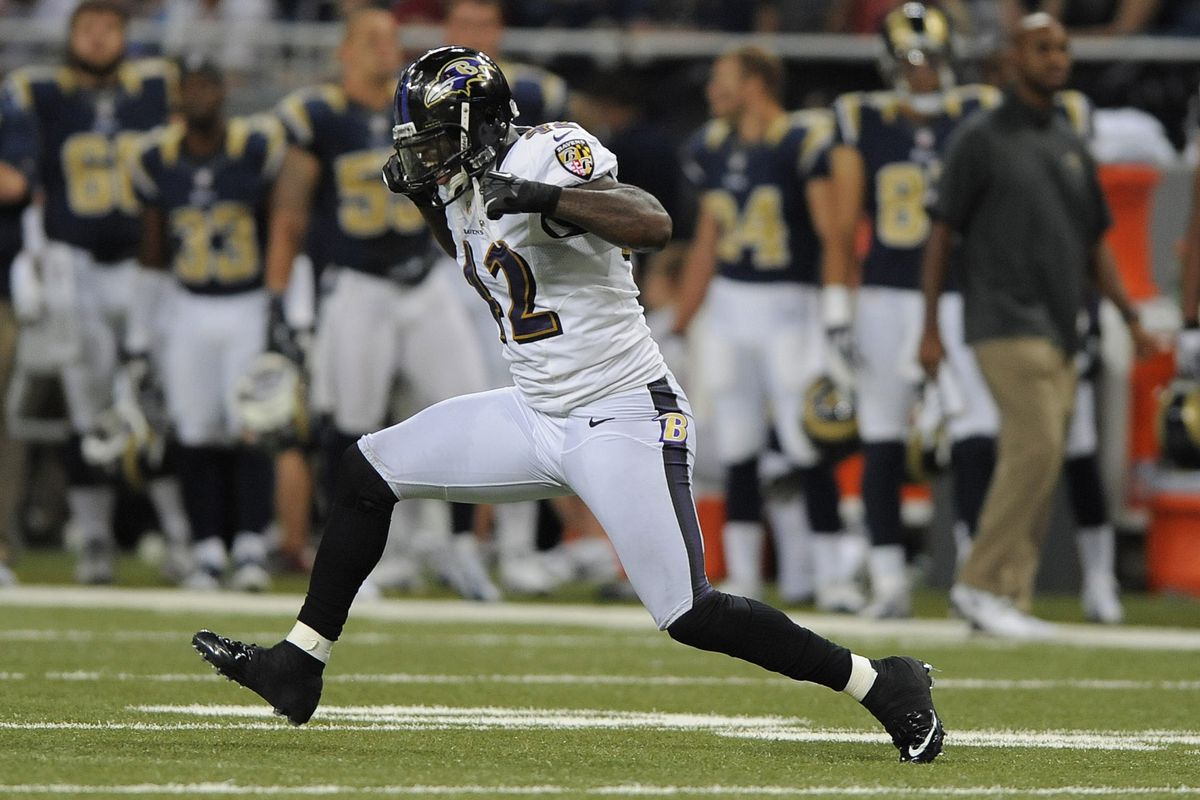 August 30, 2012; St. Louis, MO, USA; Baltimore Ravens linebacker Nigel Carr (42) celebrates after a tackle against the St. Louis Rams during the first half at the Edward Jones Dome. Mandatory Credit: Jeff Curry-US PRESSWIRE