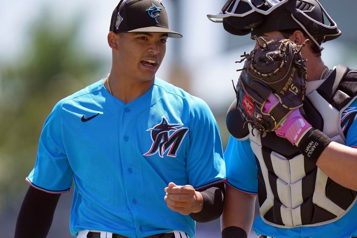 Miami Marlins starting pitcher Jesus Luzardo, left, talks with catcher Peyton Henry after the first inning against the Houston Astros during spring training at Roger Dean Stadium.
