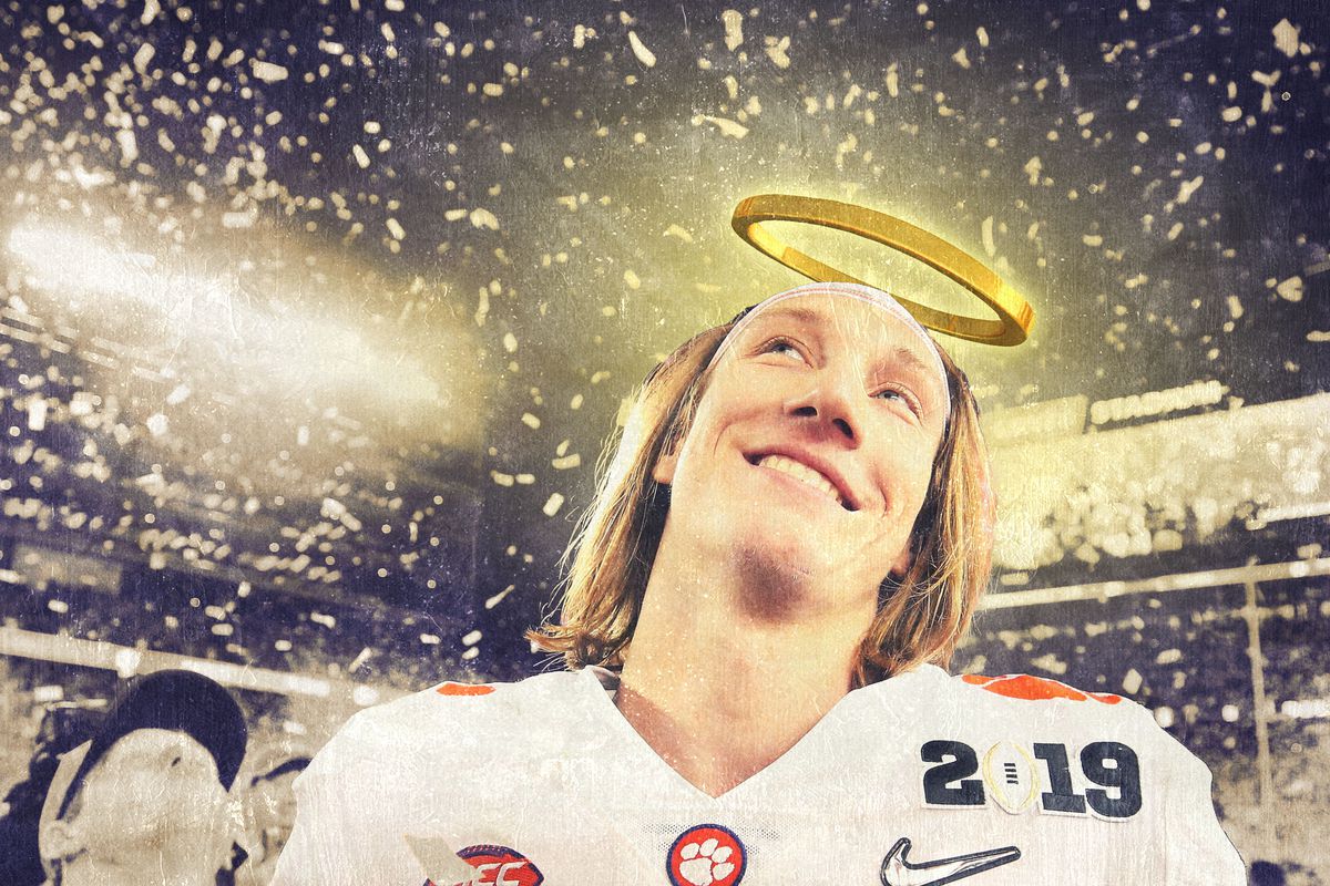 Clemson quarterback Trevor Lawrence with a halo above his head