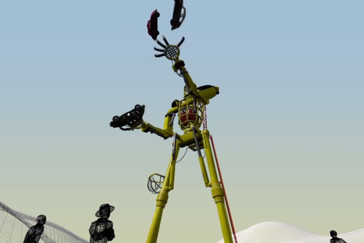 Concept image of Dan Granett's 'Bugjuggler,' a 70-foot-tall car-juggling robot