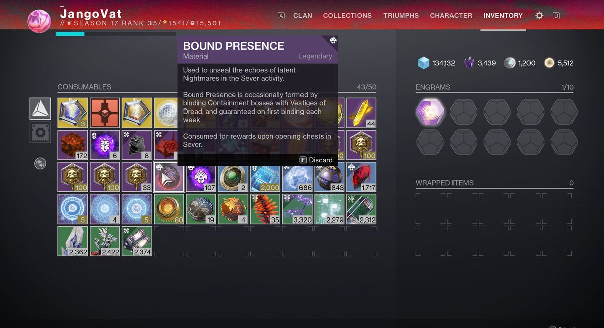 Bound Presence in a Guardian’s inventory in Destiny 2: Season of the Haunted
