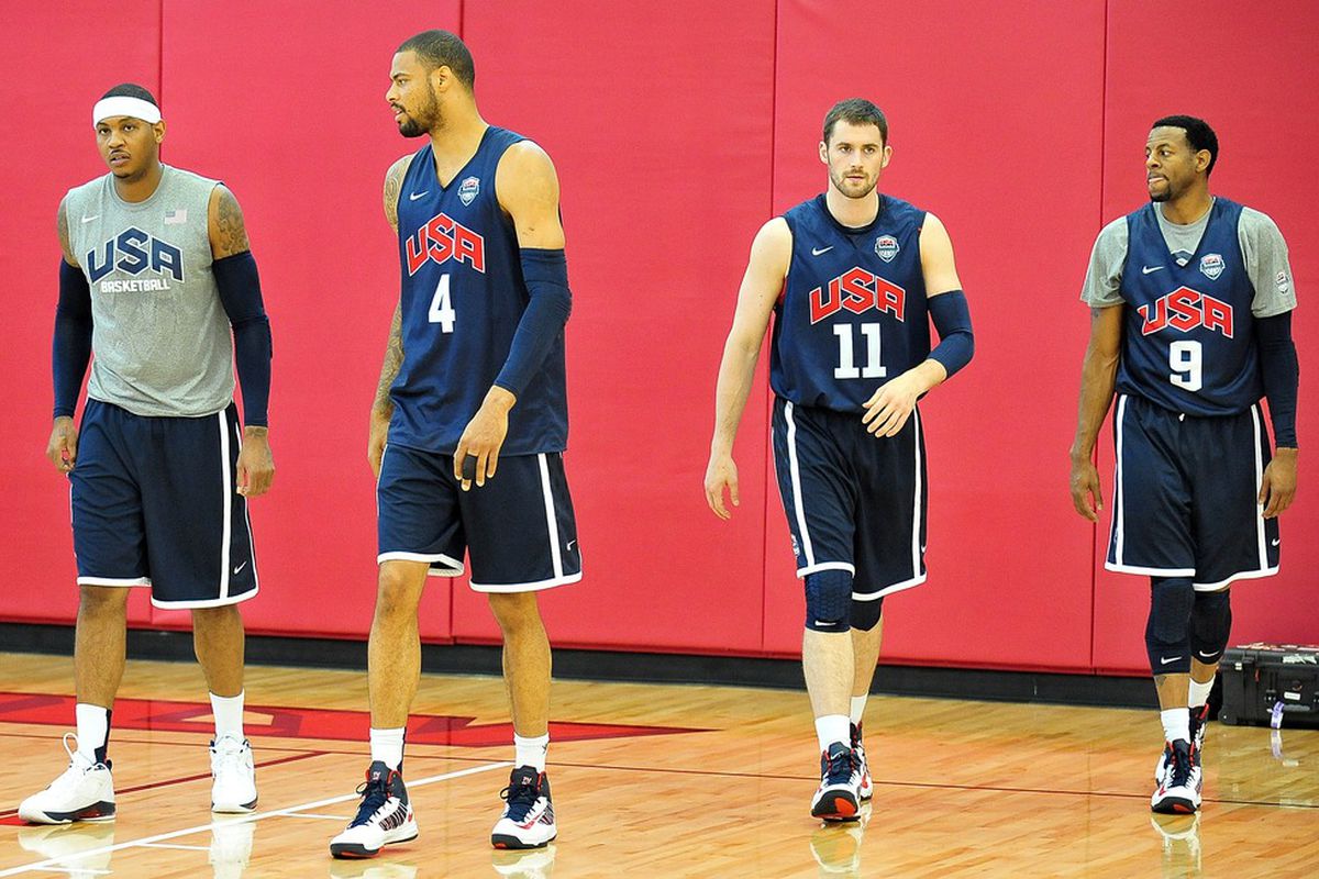 July 9, 2012; Las Vegas, NV, USA; Team USA forward Carmelo Anthony, center Tyson Chandler, forward Kevin Love, and forward Andre Iguodala during practice at the UNLV Mendenhall Center. Mandatory Credit: Gary A. Vasquez-US PRESSWIRE