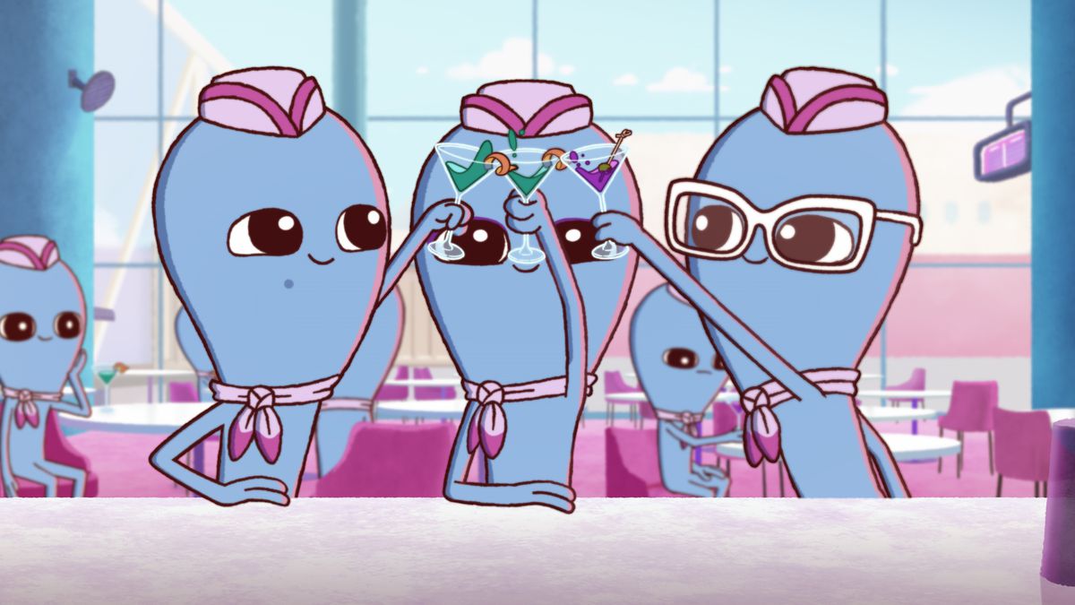 A group of three blue aliens wearing flight attendant uniforms, making a toast in an airport bar.