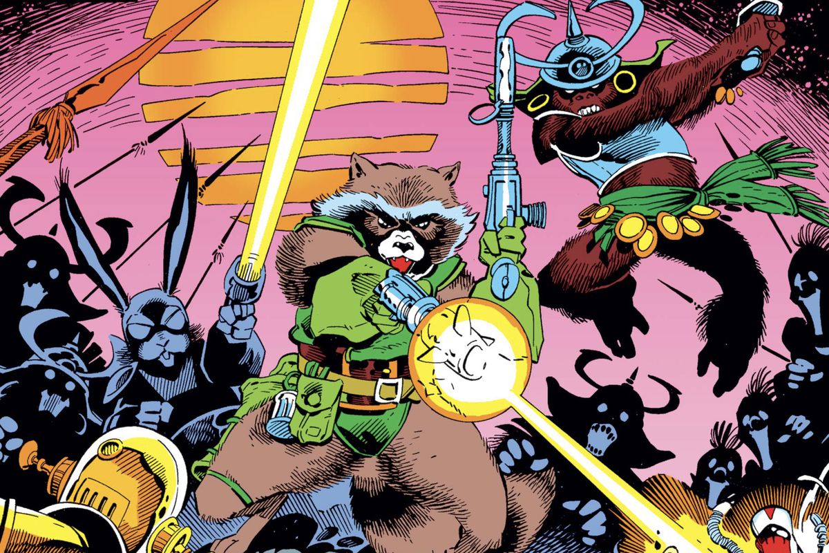 Rocket Raccoon, dressed in a Robin Hood-esque outfit, fires twin blasters at a horde of attacking anthropomorphic animals wearing old-timey armor and spears and carrying laser guns, as the sun sets redly behind the scene. From the cover of Rocket Racoon #1 (1985).