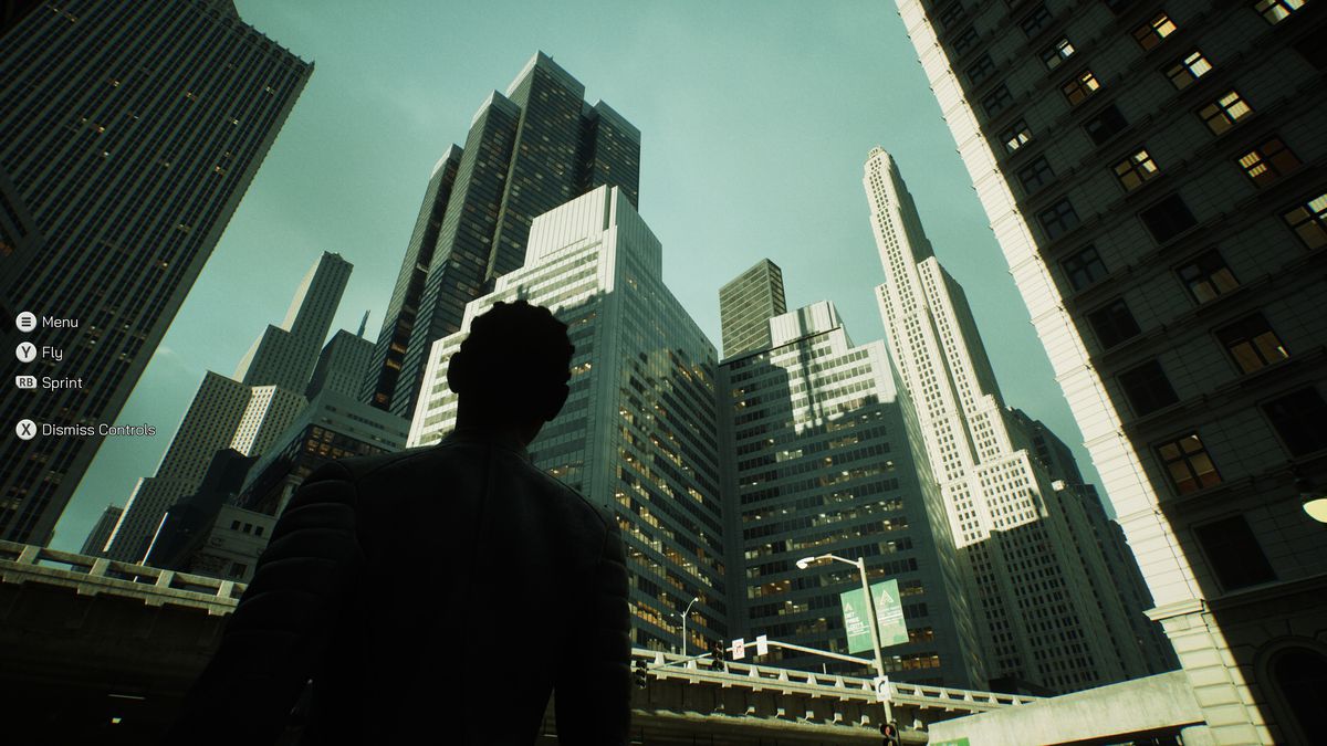 Screenshot of a game character looking at photorealistic skyscrapers.