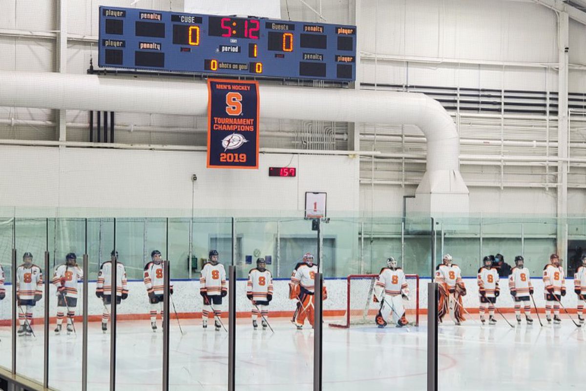 12/11/21: The Syracuse Women’s Ice Hockey Team lines up for the National Anthem prior to their game against Princeton.