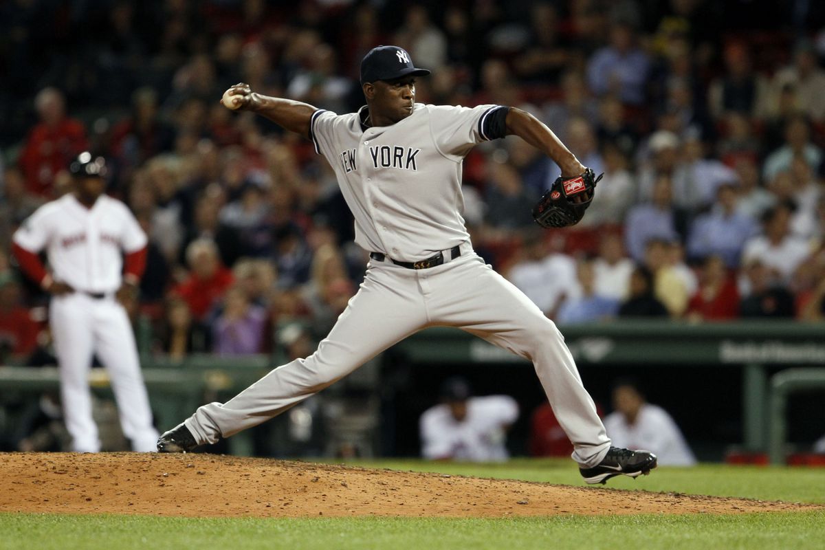 Sep 12, 2012; Boston, MA, USA; New York Yankees relief pitcher Rafael Soriano (29) throws a pitch against the Boston Red Sox during the eighth inning at Fenway Park. Mandatory Credit: David Butler II-US PRESSWIRE
