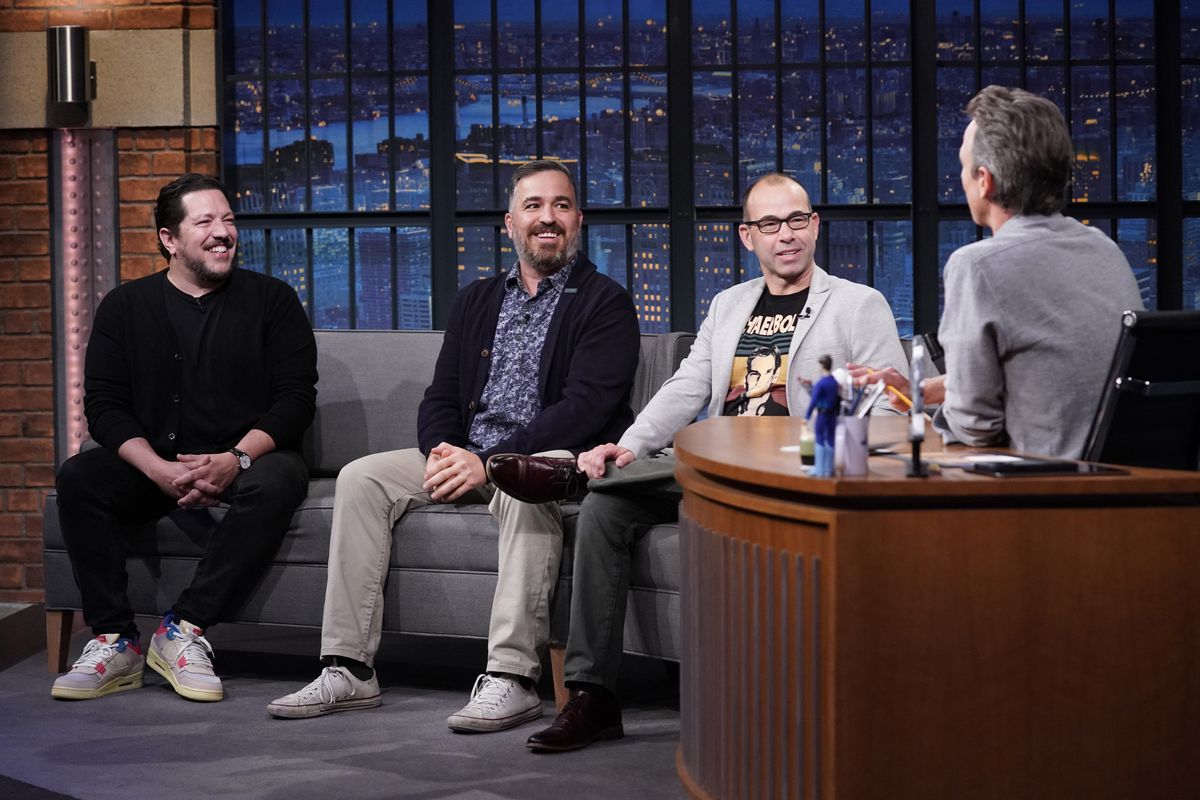 Impractical Jokers Salvatore Vulcano, James Murray and Brian Quinn, during an interview with host Seth Meyers on June 20, 2022