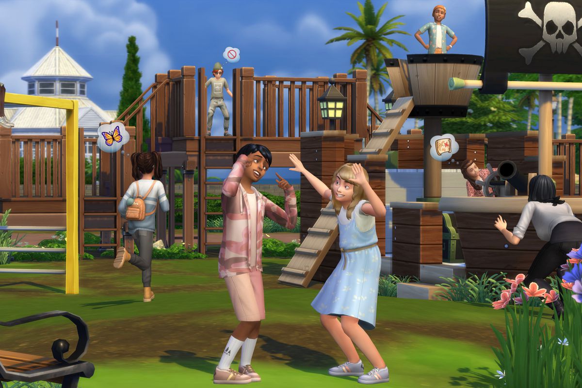 The Sims 4 - A group of Sim kids play on a southwestern desert inspired jungle gym set. Two Sims children are in the foreground excitedly talking with one another.