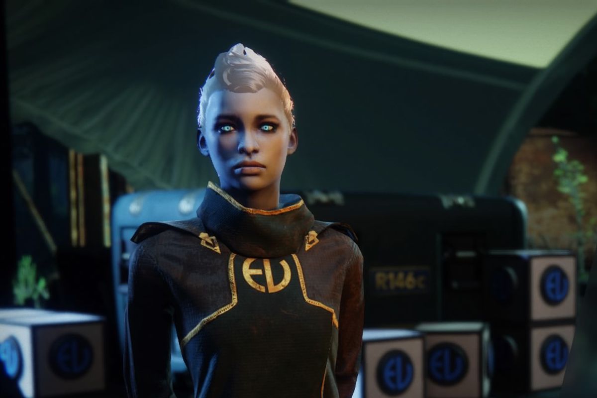 Tess Everis of the Eververse Trading Company stands beside her wares.