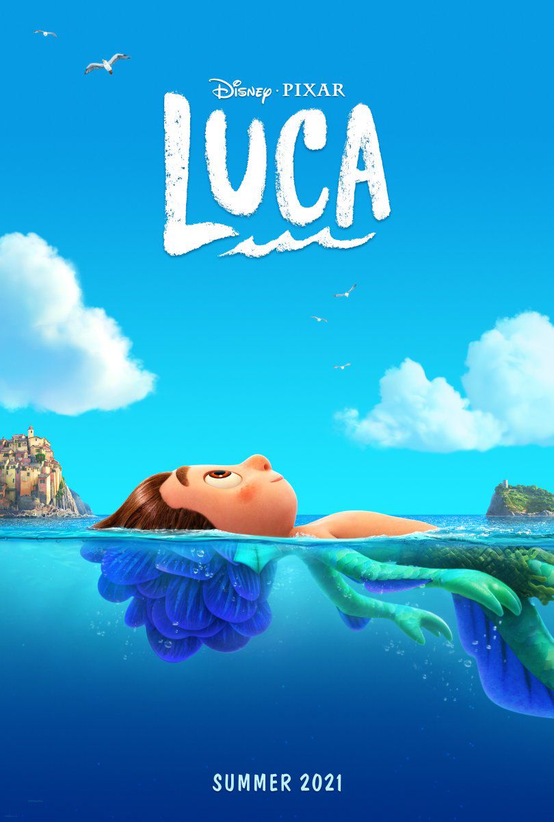 Luca poster with a boy laying in the ocean and his back half turns into a sea monster