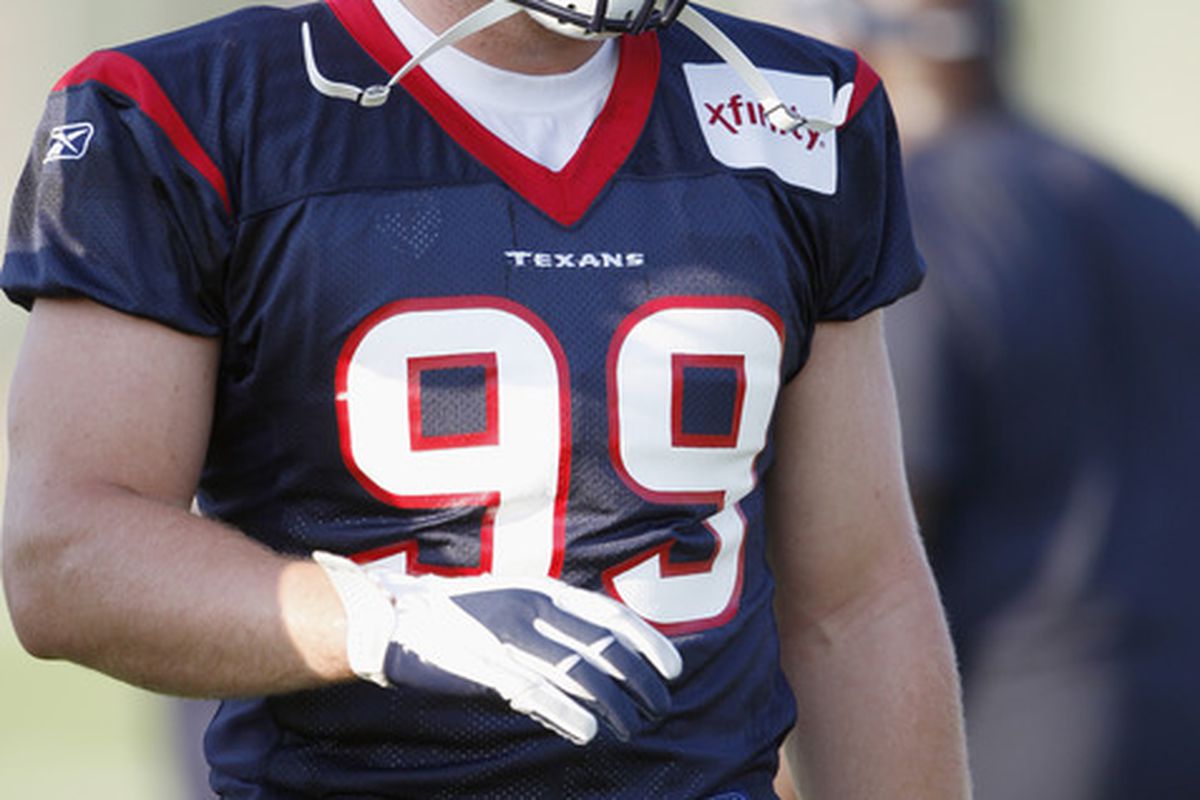 HOUSTON, TX - AUGUST 01:  Defensive end J.J. Watt #99 of the Houston Texans during the practice on the first day of training camp at Reliant Park on August 1, 2011 in Houston, Texas.  (Photo by Bob Levey/Getty Images)