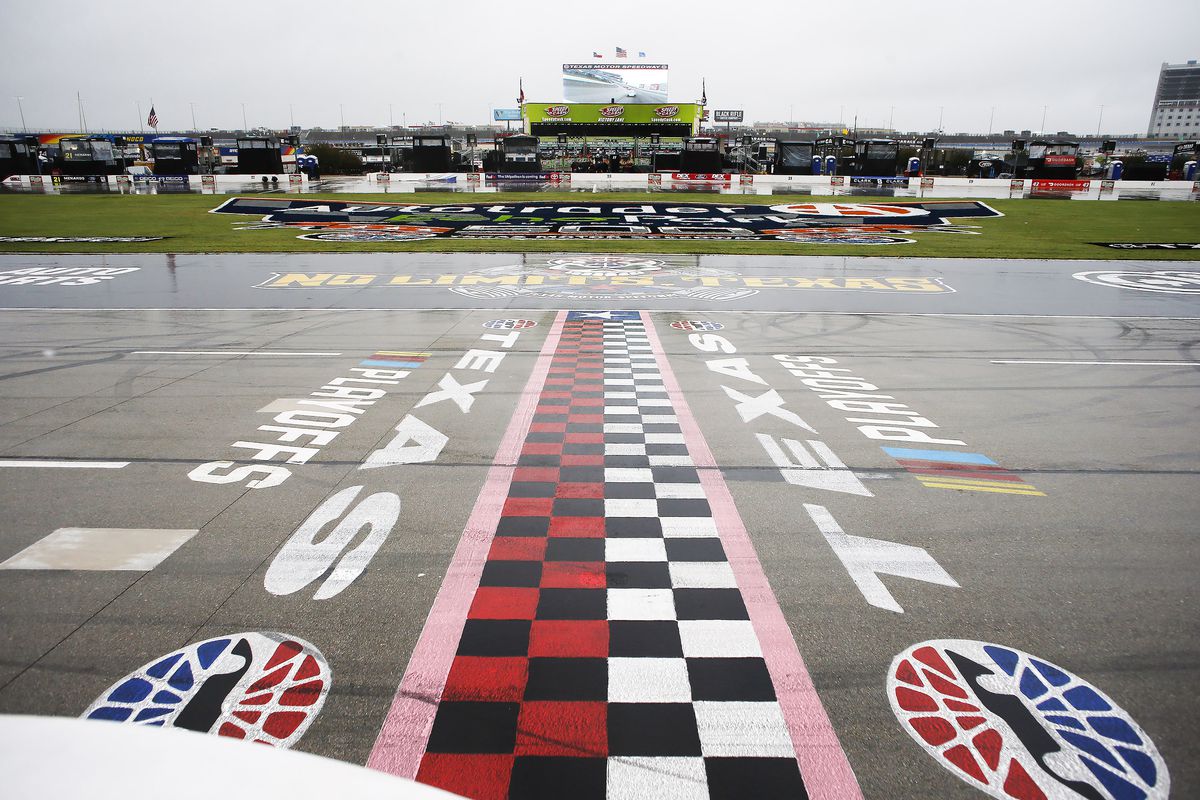 The finish line at Texas Motor Speedway during the weather delayed conclusion of the Autotrader EchoPark Automotive 500.