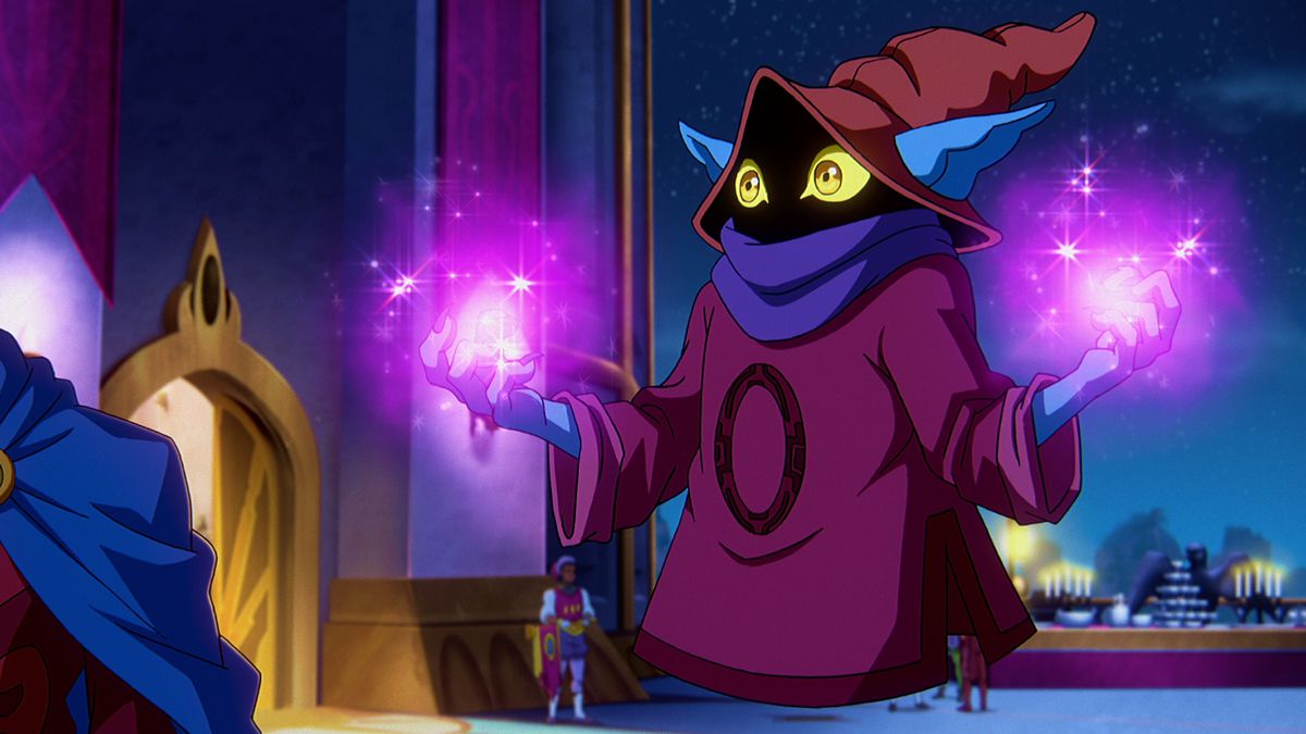 Orko, with glowing and sparkling pink hands, in Masters of the Universe: Revelation