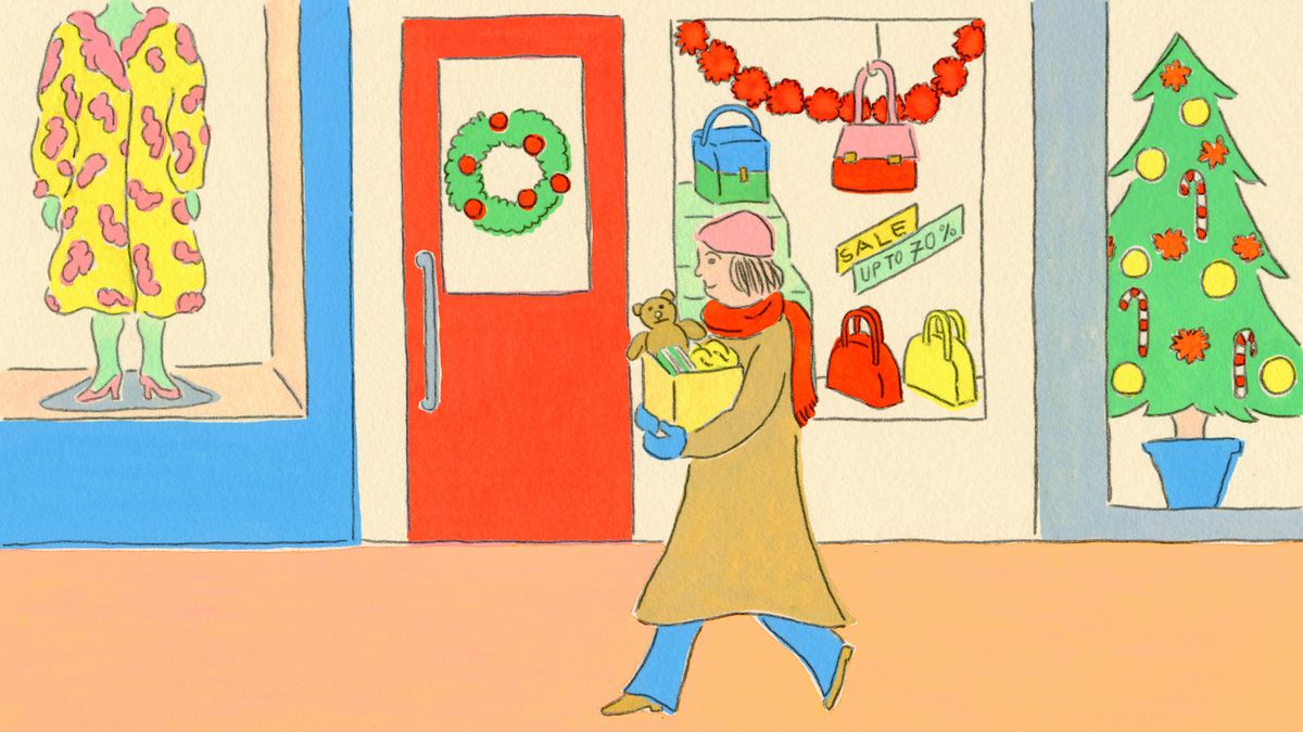A cartoon drawing of a woman carrying a shopping bag in her arms while walking happily past stores decorated for Christmas and displaying sale signs.
