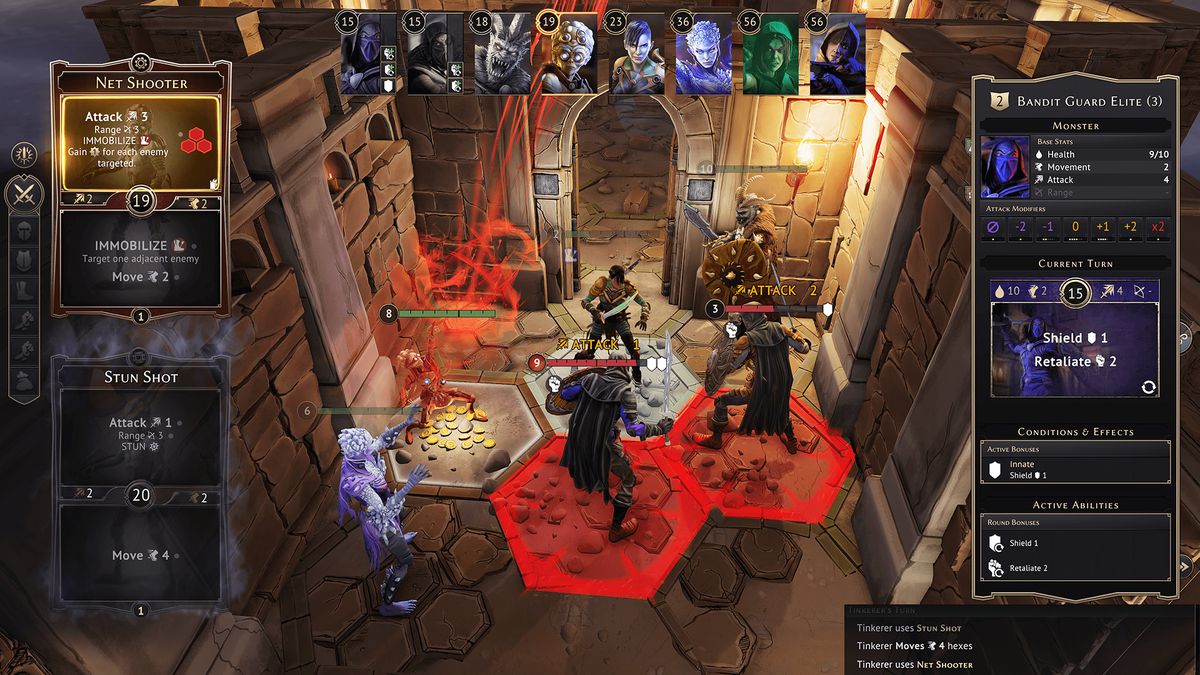 Several mercenaries in Gloomhaven square off against a dungeon’s enemies