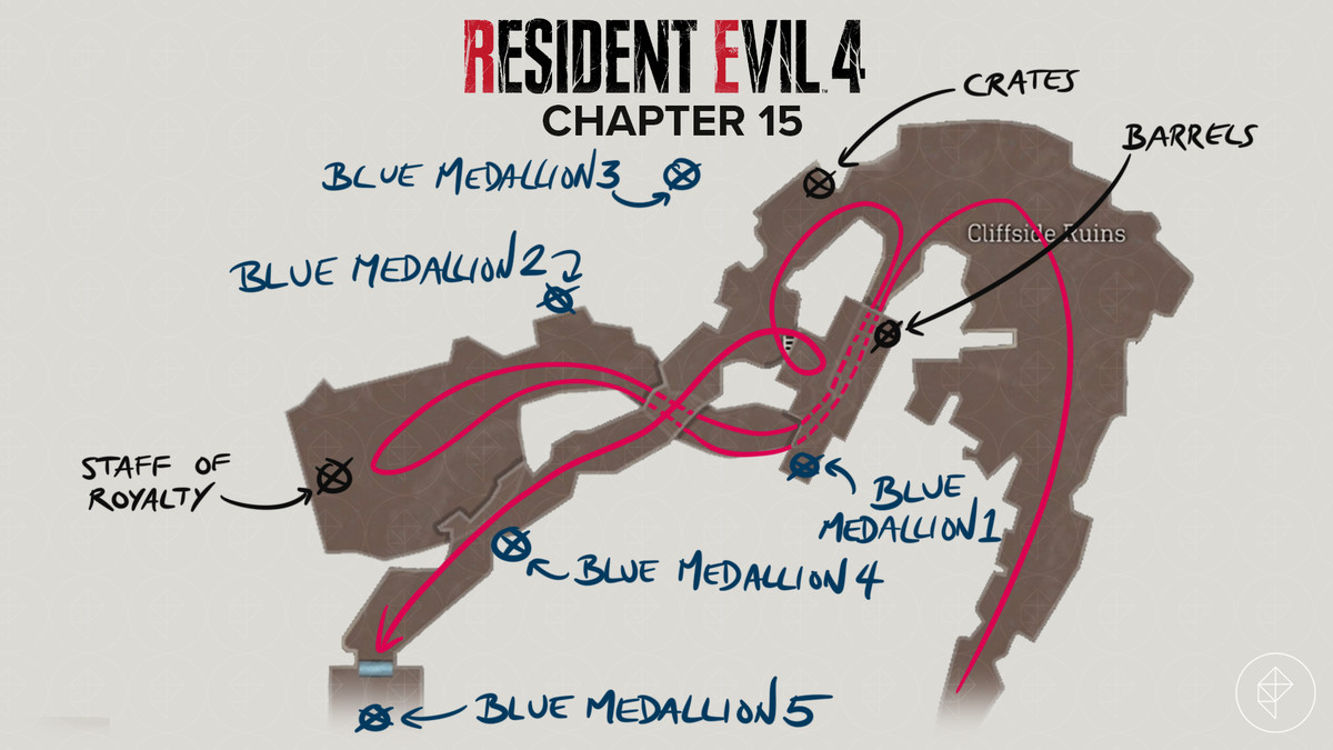 Resident Evil 4&nbsp;remake&nbsp;map of the Cliffside Ruins with a path and items marked