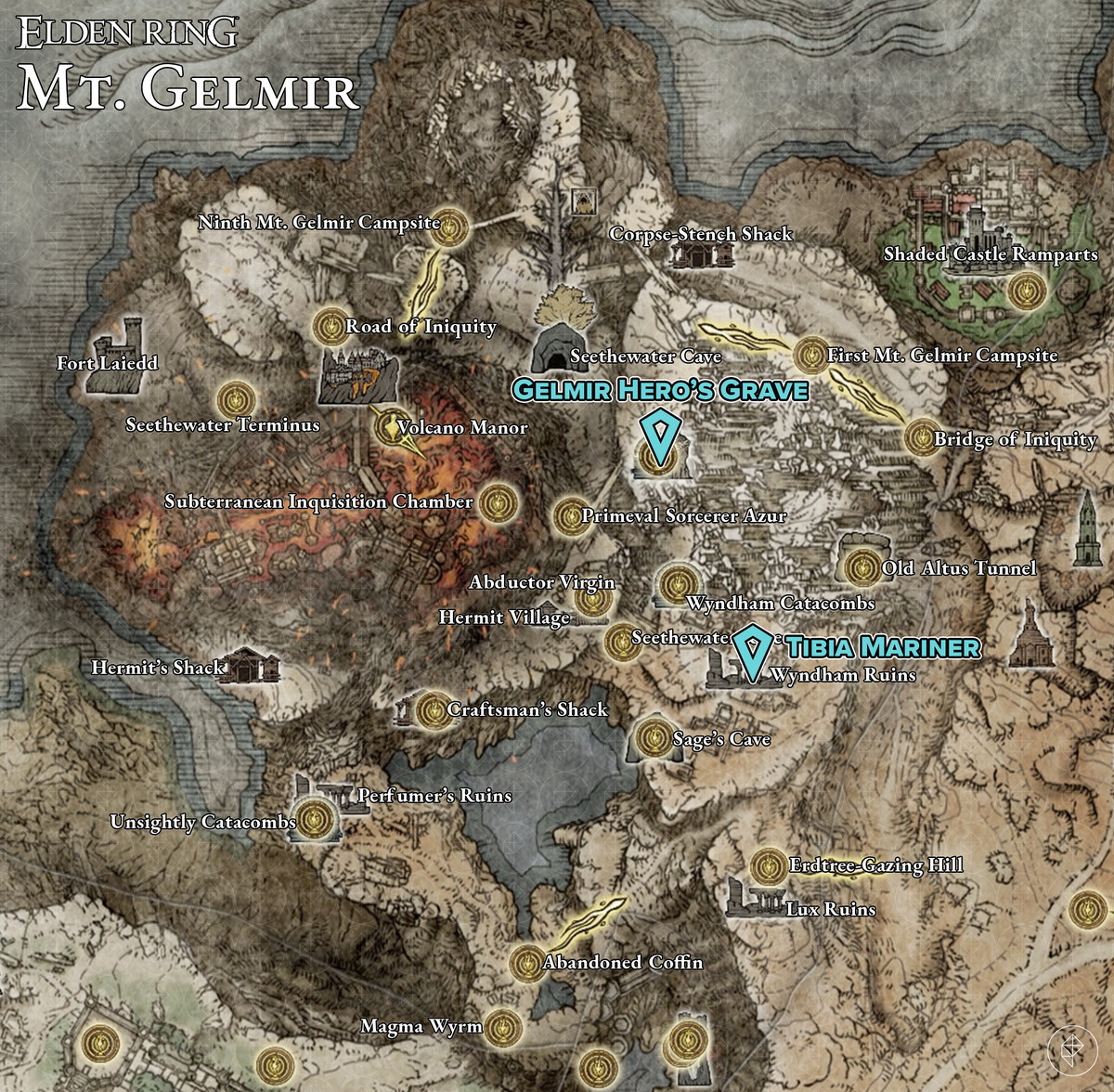 Elden Ring map of Mt. Gelmir with pins showing deathroot locations