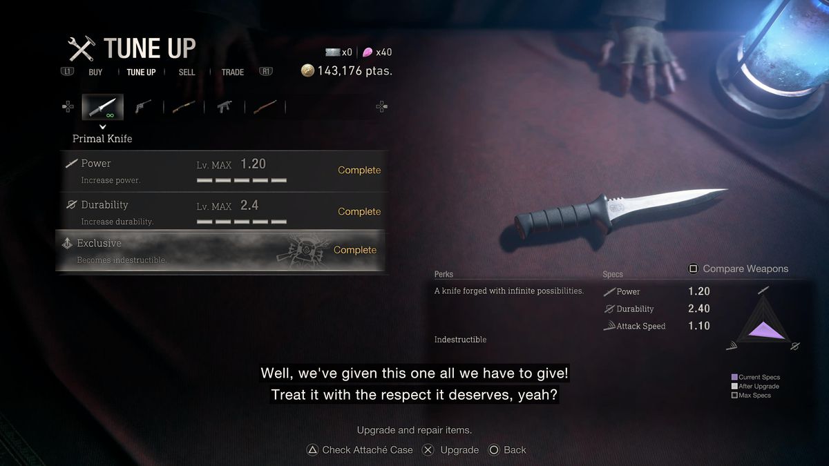 The fully upgraded Primal Knife in the merchant’s tune up screen in Resident Evil 4 remake
