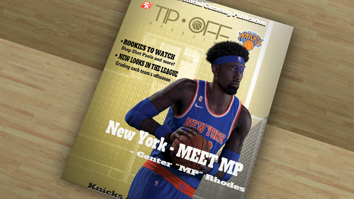 In-game image of NBA 2K23’s fictitious “Tip Off Magazine” with the created player, in a NY Knicks uniform, on the cover