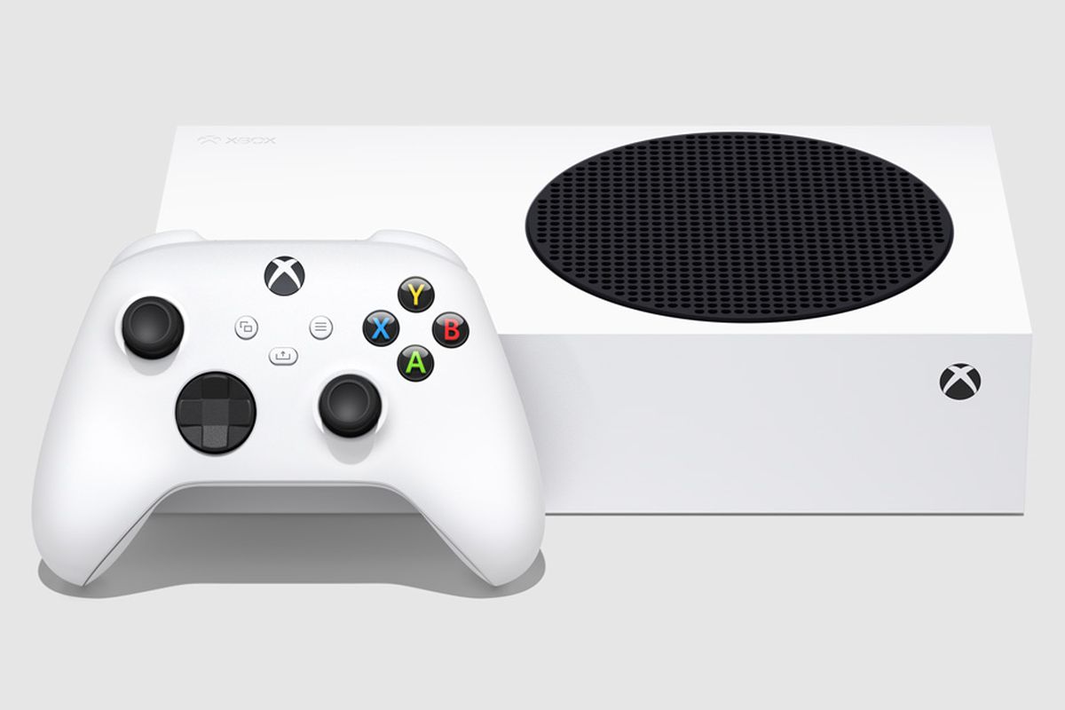 a product render, from the front, of the Xbox Series S lying horizontally with a controller standing in front of it
