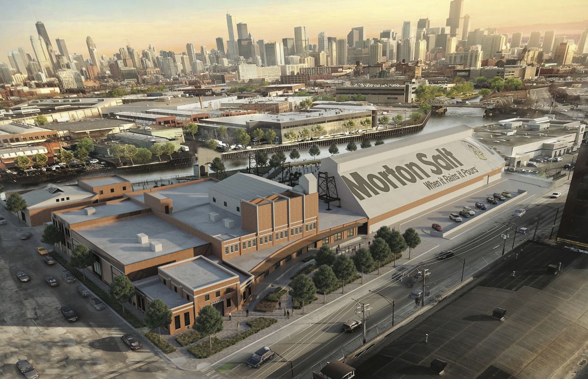 A rendering of an enormous warehouse building along the Chicago River.