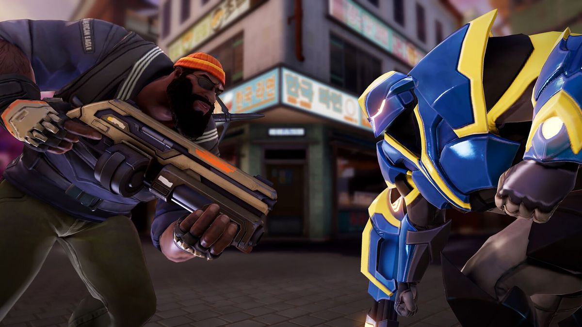 This Agents of Mayhem screenshot features the character Hardtack face to face against a generic robotic bad guy.